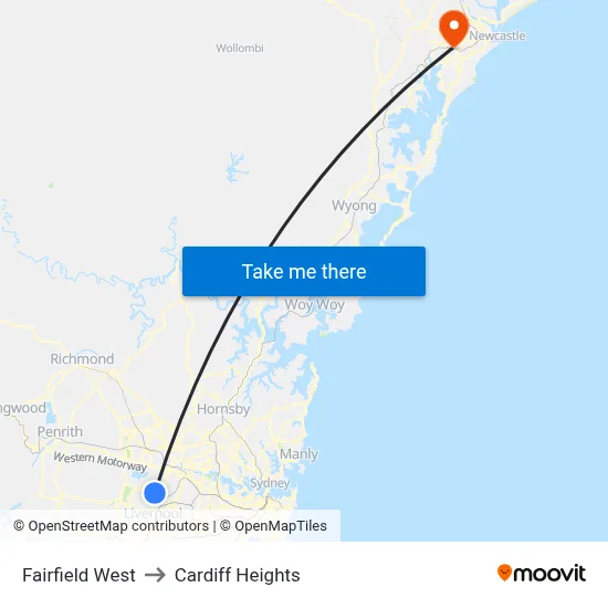 Fairfield West to Cardiff Heights map