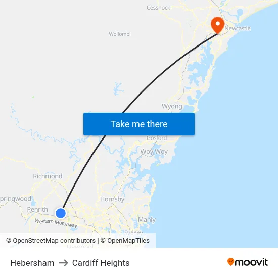 Hebersham to Cardiff Heights map