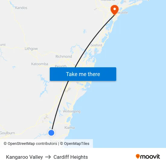 Kangaroo Valley to Cardiff Heights map
