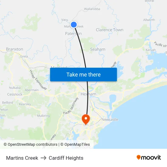 Martins Creek to Cardiff Heights map