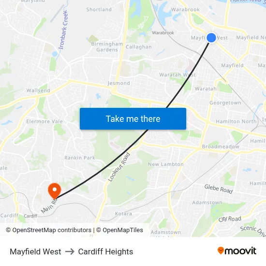 Mayfield West to Cardiff Heights map