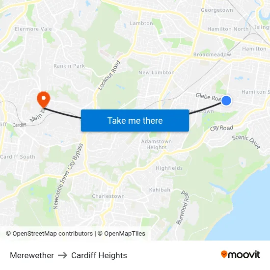 Merewether to Cardiff Heights map