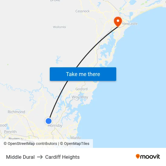 Middle Dural to Cardiff Heights map