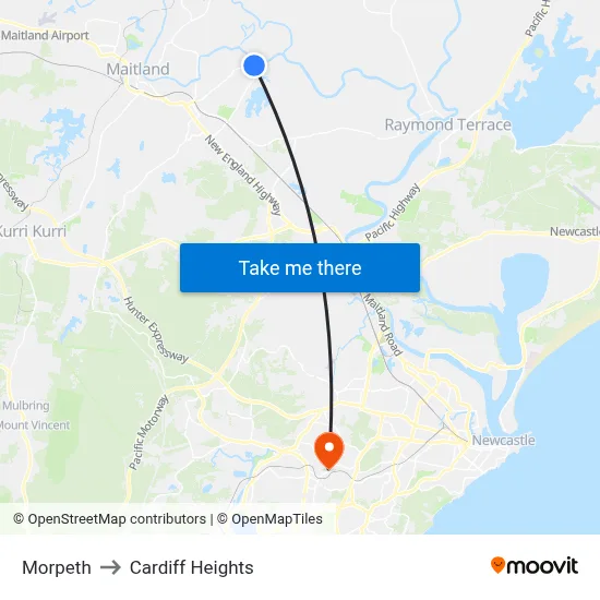 Morpeth to Cardiff Heights map