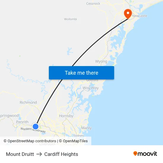 Mount Druitt to Cardiff Heights map