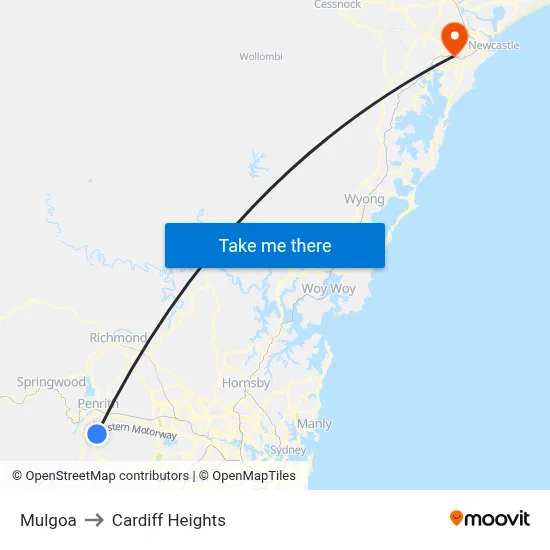 Mulgoa to Cardiff Heights map