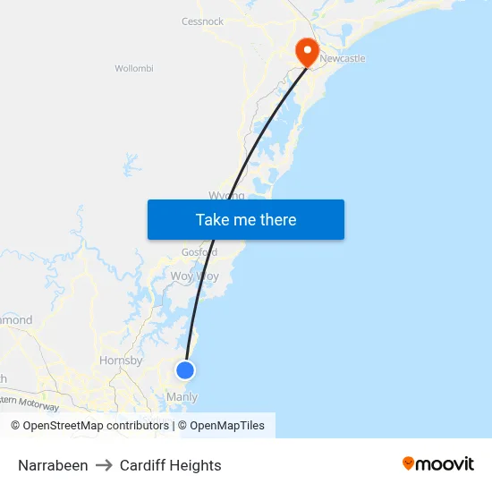 Narrabeen to Cardiff Heights map
