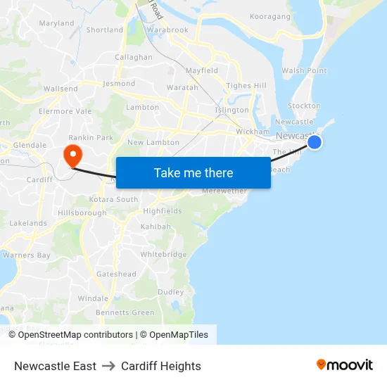 Newcastle East to Cardiff Heights map