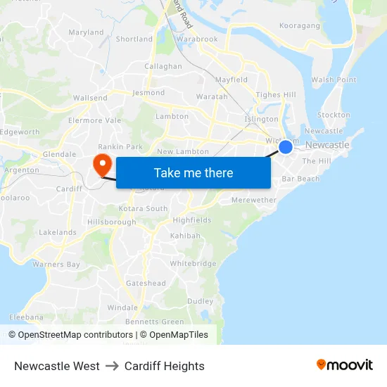 Newcastle West to Cardiff Heights map