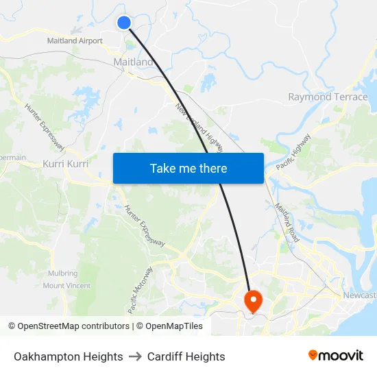 Oakhampton Heights to Cardiff Heights map