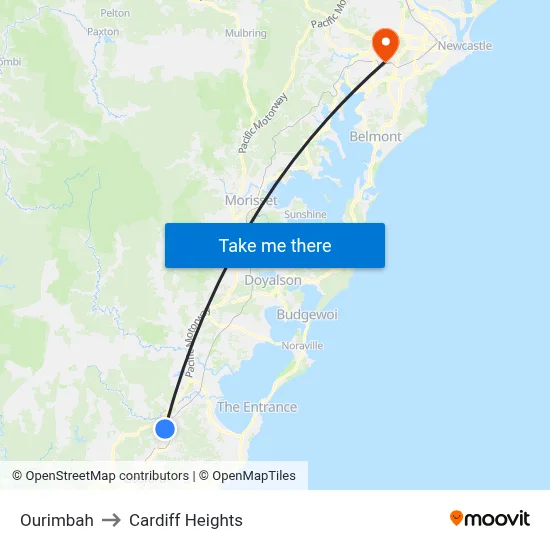 Ourimbah to Cardiff Heights map