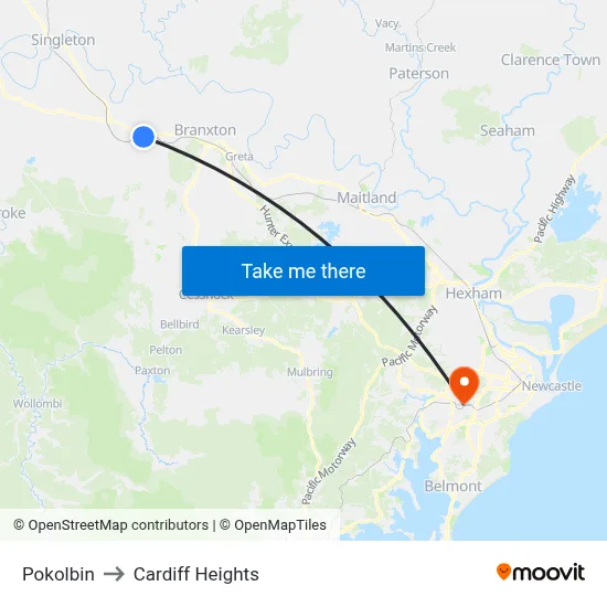 Pokolbin to Cardiff Heights map