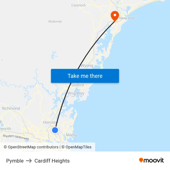Pymble to Cardiff Heights map