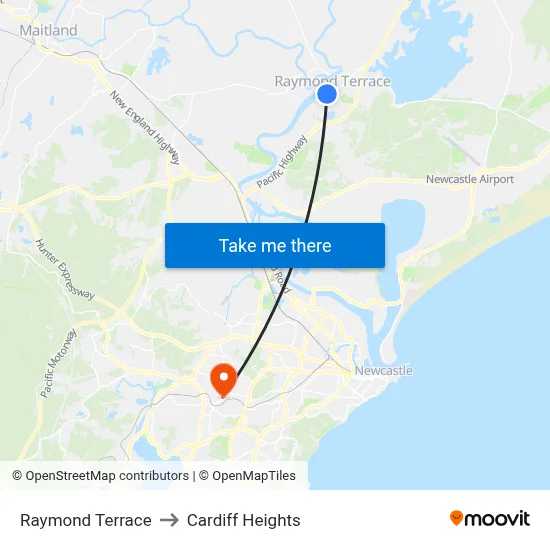 Raymond Terrace to Cardiff Heights map