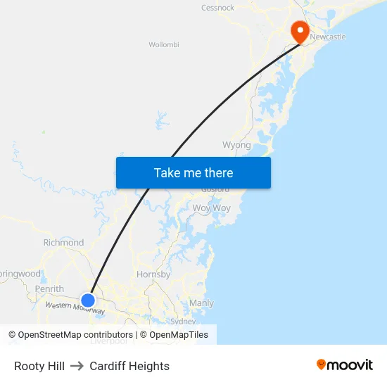 Rooty Hill to Cardiff Heights map