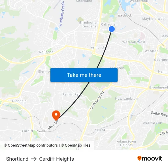 Shortland to Cardiff Heights map