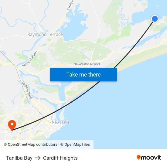 Tanilba Bay to Cardiff Heights map