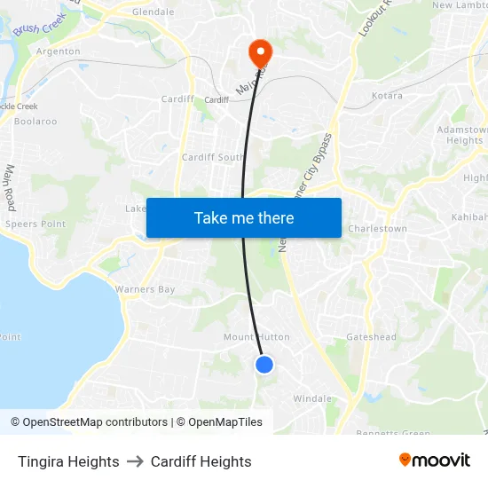 Tingira Heights to Cardiff Heights map
