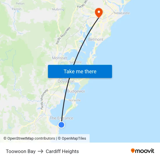 Toowoon Bay to Cardiff Heights map