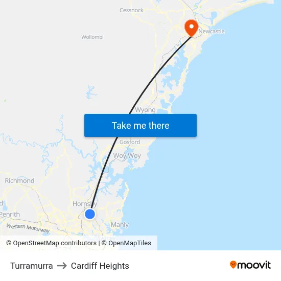 Turramurra to Cardiff Heights map