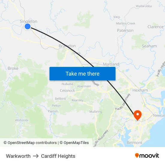 Warkworth to Cardiff Heights map