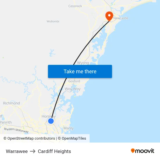 Warrawee to Cardiff Heights map