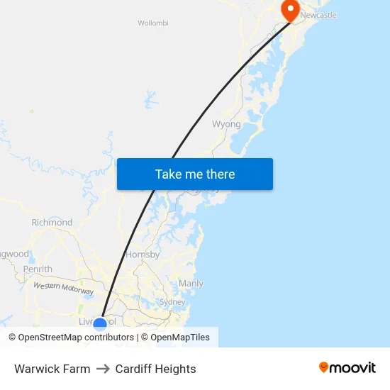 Warwick Farm to Cardiff Heights map