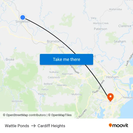Wattle Ponds to Cardiff Heights map