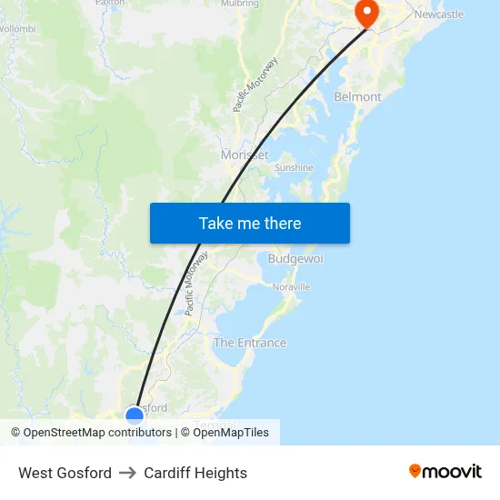 West Gosford to Cardiff Heights map