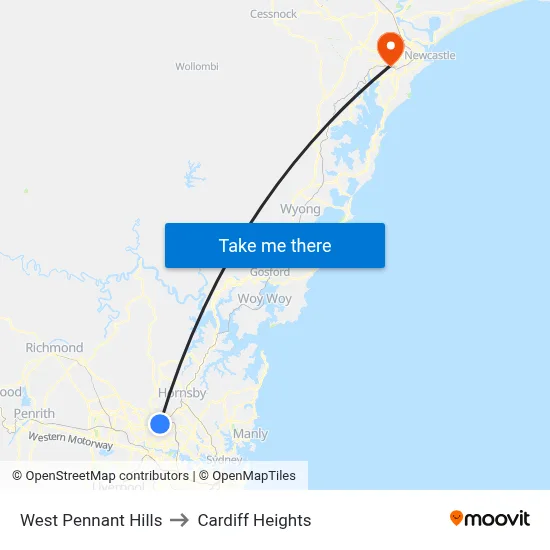 West Pennant Hills to Cardiff Heights map