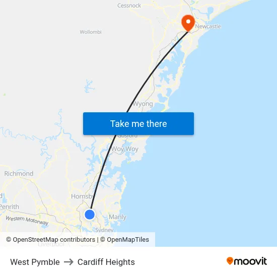 West Pymble to Cardiff Heights map