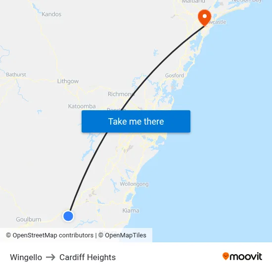 Wingello to Cardiff Heights map