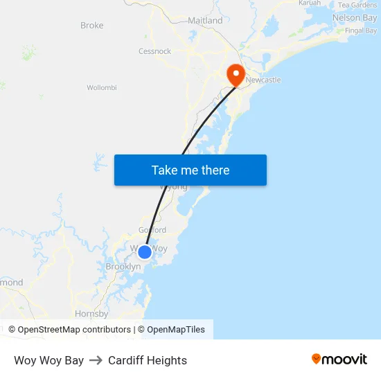 Woy Woy Bay to Cardiff Heights map