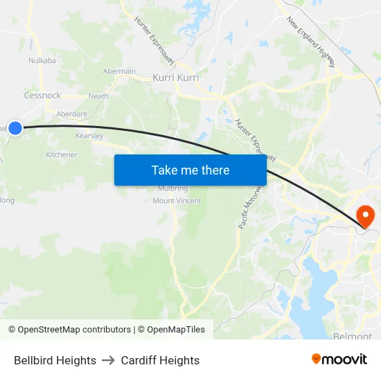 Bellbird Heights to Cardiff Heights map