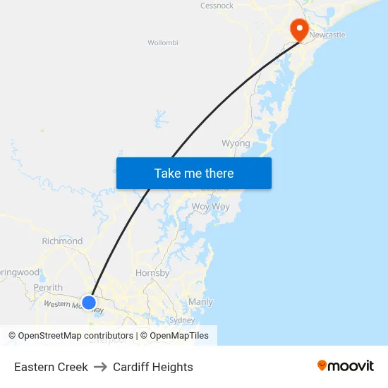 Eastern Creek to Cardiff Heights map
