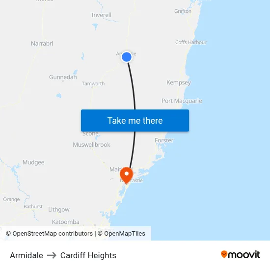 Armidale to Cardiff Heights map