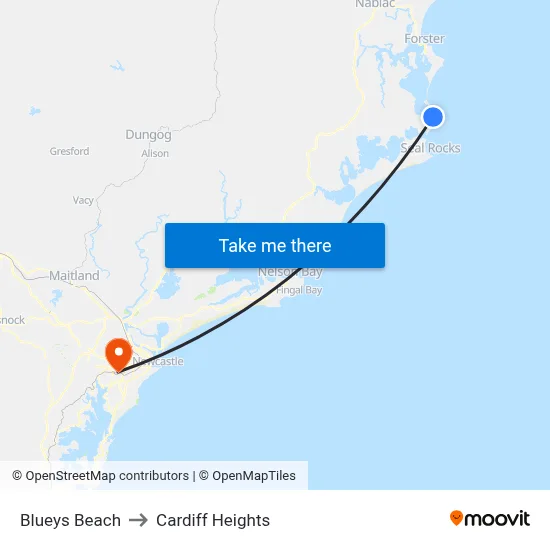Blueys Beach to Cardiff Heights map