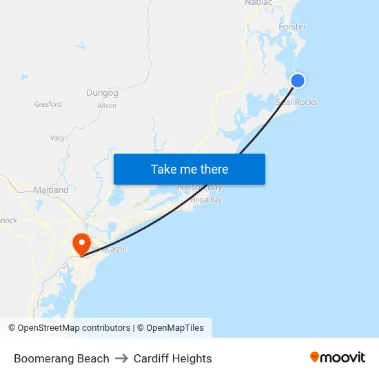 Boomerang Beach to Cardiff Heights map