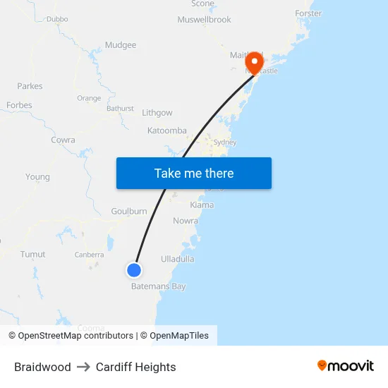Braidwood to Cardiff Heights map