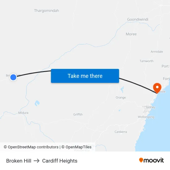 Broken Hill to Cardiff Heights map