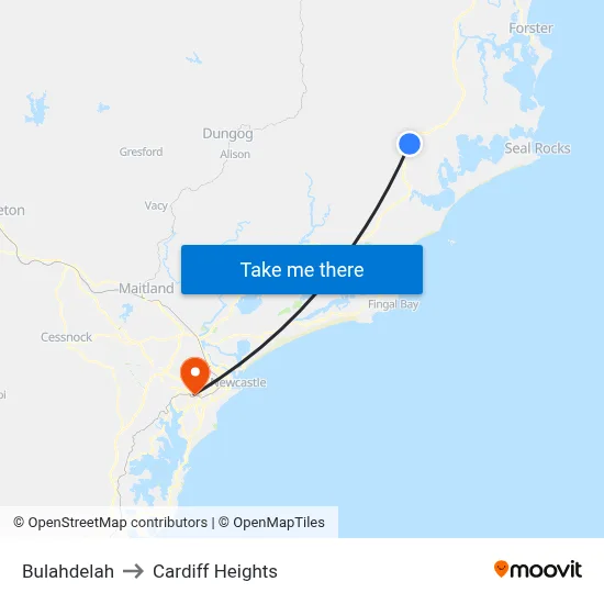 Bulahdelah to Cardiff Heights map