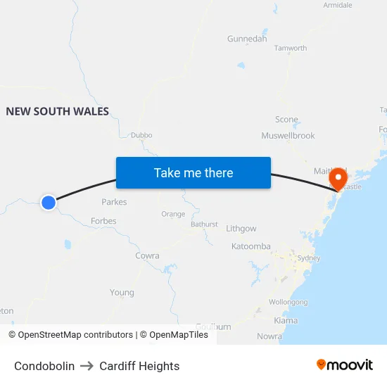 Condobolin to Cardiff Heights map