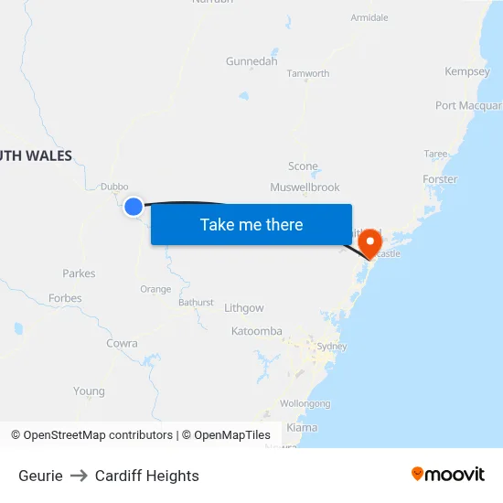Geurie to Cardiff Heights map