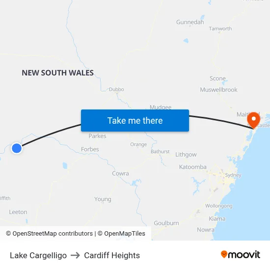 Lake Cargelligo to Cardiff Heights map