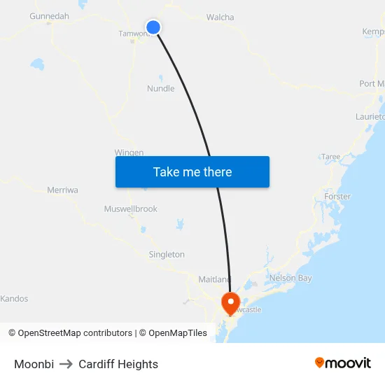 Moonbi to Cardiff Heights map