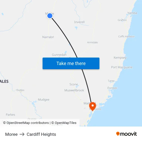 Moree to Cardiff Heights map