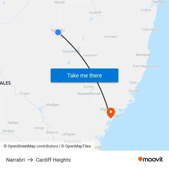 Narrabri to Cardiff Heights map