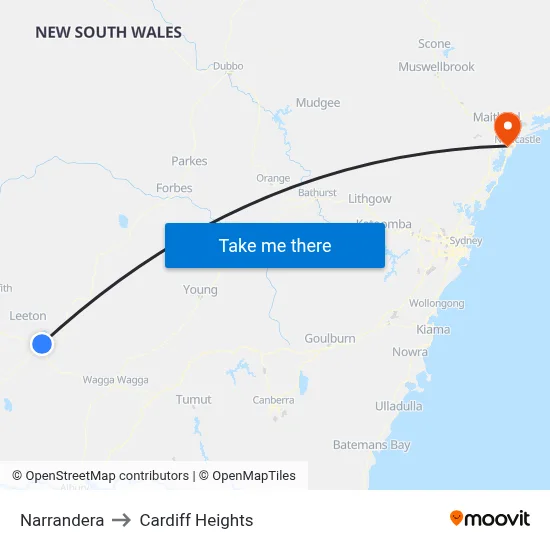 Narrandera to Cardiff Heights map