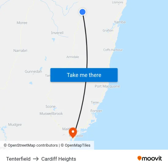 Tenterfield to Cardiff Heights map