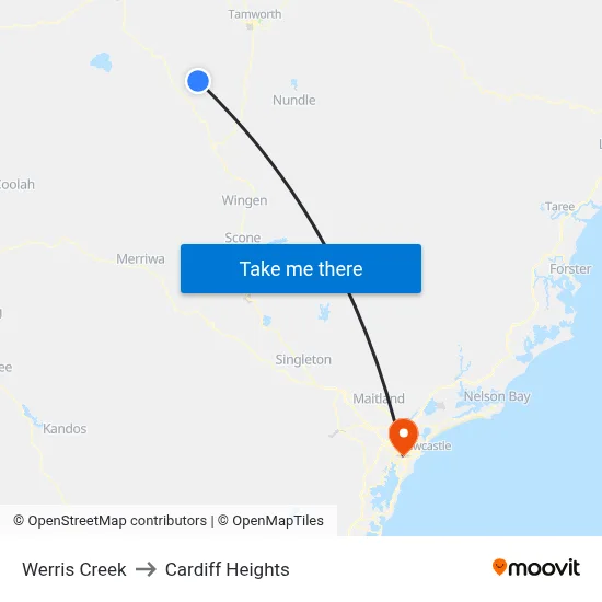 Werris Creek to Cardiff Heights map